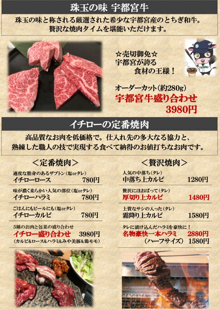 ヤキニクイチロー メニュー 宇都宮市 焼肉