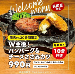 【開店から30分限定！平日10食のみ！】ウェルカムメニューW主役！ハンバーグ＆チーズささみかつ